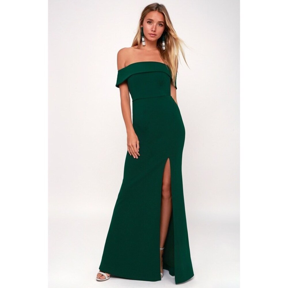 Lulus Aveline Forest Green Off-the-shoulder Maxi Dress - Size S
